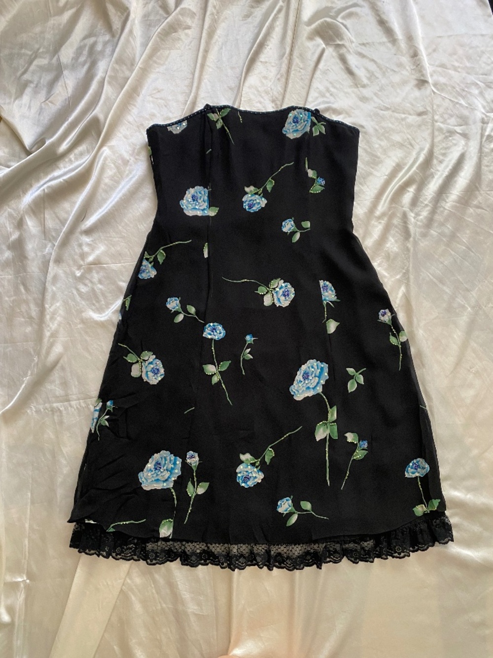Vintage y2k 100% Silk Floral Beaded Strapless Dress Lace Fairy Whimsygoth 12